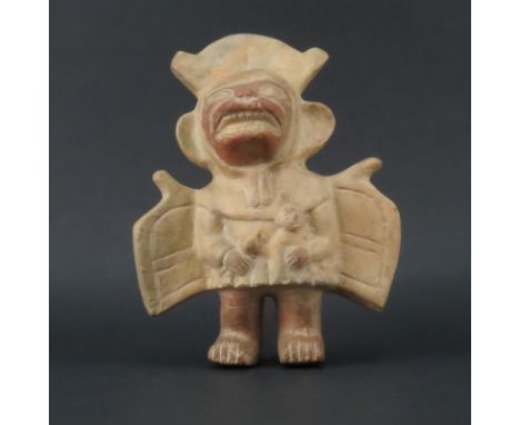 Pre Columbian or Later  Moche Inca Polychrome Standing Bat Pottery Stirrup Vessel. Depicts a bat form figure holding a fertil