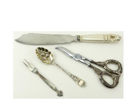 Grouping of Four (4) Sterling Silver Tableware. Includes: Georg Jensen "Acorn" sterling handle cake knife, Georg Jensen "Acan