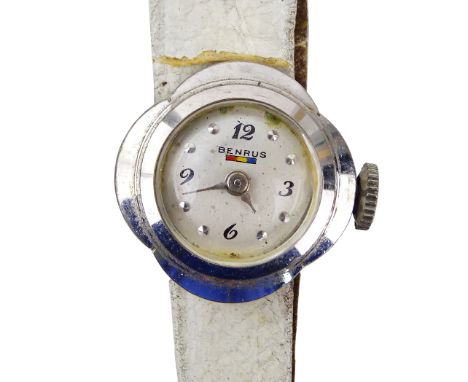 Lady's Vintage 14 Karat White Gold Manual Movement Watch with Leather Strap. Stamped 14K to case. Case measures 17mm. Surface