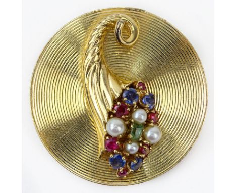 Circa 1950s 14 Karat Yellow Gold Circular Pendant/Brooch with Sapphire, Emerald, Ruby and Pearl Accents. Stamped 4K. Good con