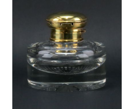 Oversize Antique English Cross Glass and Brass Inkwell. The brass lid with inset calendar feature in lid. Striated bottom. Si