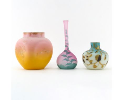 Grouping of Three (3) Vintage Tableware. Includes: cameo glass long neck vase, Bristol style jar with flower motif, and Frenc