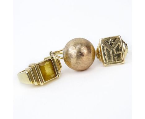 Three (3) Lady's Vintage Rings Including a 14 Karat Yellow Gold with Citrine, a 14 Karat Yellow Gold Signet Ring and a 10 Kar