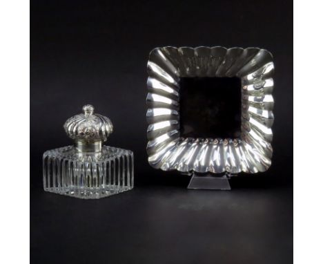 20th Century Sterling and Glass Inkwell and Tray. This set boasts a sterling tray with a glass bottle and sterling hinged lid