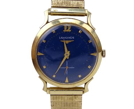 Man's Circa 1950s Longines Wittnauer 14 Karat Yellow Gold Watch with Blue Enamel Dial, Manual Movement and Twist on metal Bra