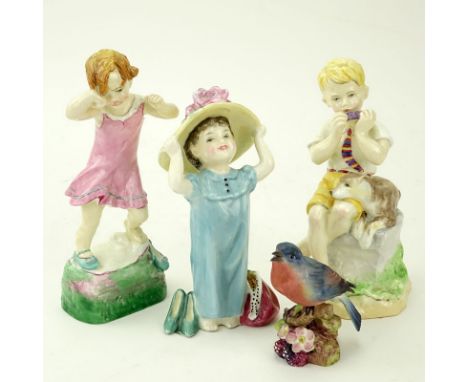 Lot of Four (4) English Porcelain Figurines. Includes: Royal Worcester Wednesdays Child, Blue Bird, June; Royal Doulton Make 