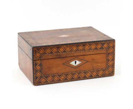 Antique Carved Wood and Mother of Pearl Jewelry Box. Walnut burl finish with mother of pearl center and key hole inlay. Loss 