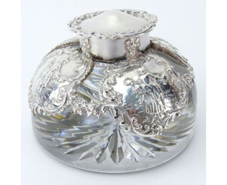 Early 20th Century English Silver And Glass Inkwell. This bottle features  Louis XV style Silver decoration. Hallmarked 1902 