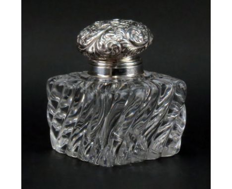 Antique Whiting Sterling and Crystal Inkwell. Stamped sterling and makers mark, marked 3531, monogrammed. Baccarat style swir