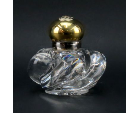 Early 20th Century Crystal and Brass Top Inkwell. Large molded swirl crystal with eagle relief on brass top. Minor scuffs on 