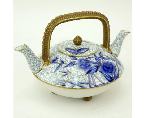 Antique Royal Worcester Chinoiserie Style Double Spouted Teapot. Gilt ribbed handle and trim with enamel painted floral and c