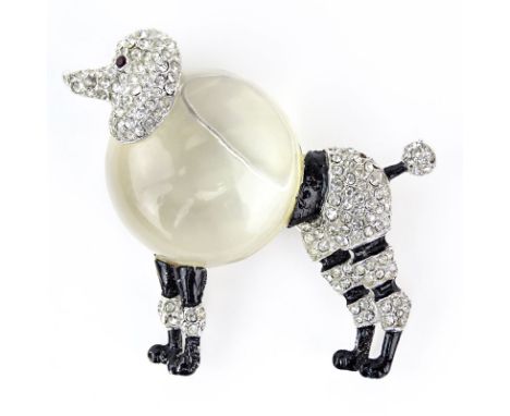 Vintage Costume Poodle Brooch, white metal, rhinestones, enamel and acrylic. Unsigned. Surface wear and scratches from normal