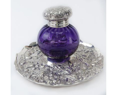 19th Century English Silver and Glass Inkwell and Tray. The set features an amethyst round glass bottle with a repousse decor