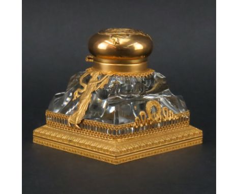19th Century French Empire Ormolu Bronze And Possibly Baccarat Crystal Inkwell. Unsigned. Good condition. Measures 3-7/8" H x