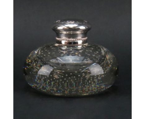 Vintage Glass and Silver Plate Inkwell. The bottle with controlled bubbles, the hinged lid of silver plate with a floral moti