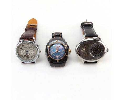 Three (3) Men's Designer Watches. Includes: Oniss Paris Mother Of Pearl Ceramic Bracelet Watch, 44mm case; Alberto Floro Stai