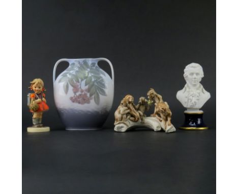 Grouping of Four (4) Vintage Porcelain Tableware. Includes: Royal Copenhagen vase, Limoges porcelain bust, Goebel Hummel porc