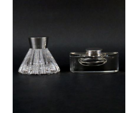 Grouping of Two (2) Modern English Sterling Silver and Crystal Inkwells. Stamped with makers mark and hallmarked to tops. Min