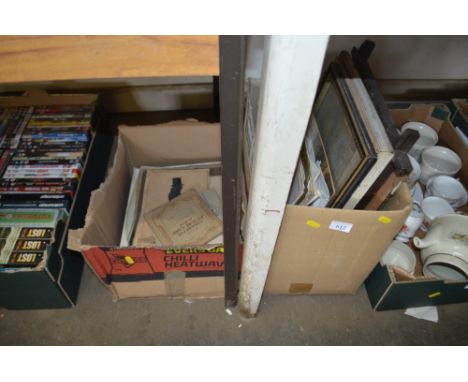 Two boxes of various pictures; prints; cigarette card albums etc