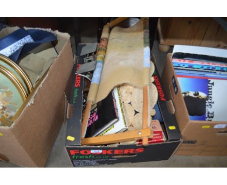 A box containing various books; tapestry frame; pedestal bowl etc.