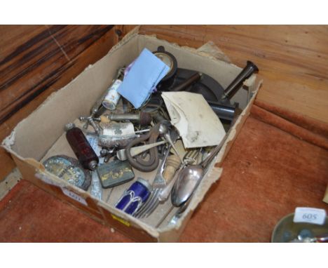 A box containing a Bakelite desk stand; Victorian ruby glass double ended scent bottle (AF); silver plated items; silver cutl