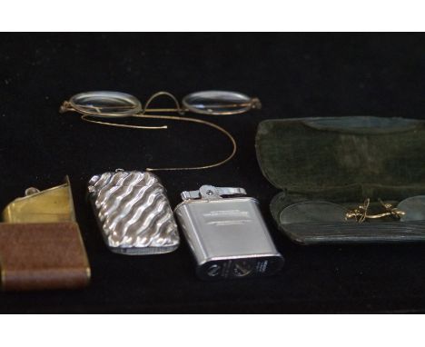 2 Cigarette lighters, vesta case &amp; 2 vintage pairs of glasses 