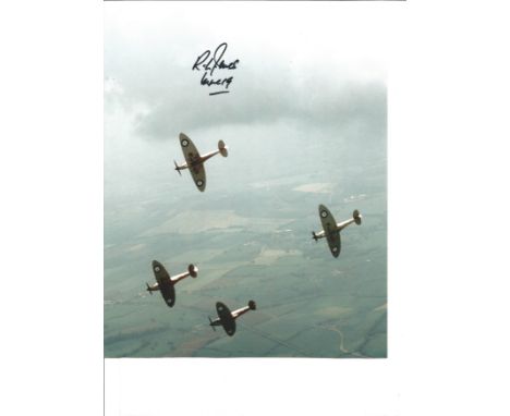 WW2 Battle of Britain pilot Richard Jones signed 10 x 8 4 Spitfire formation colour photo. Jones was at 5 OTU Aston Down from