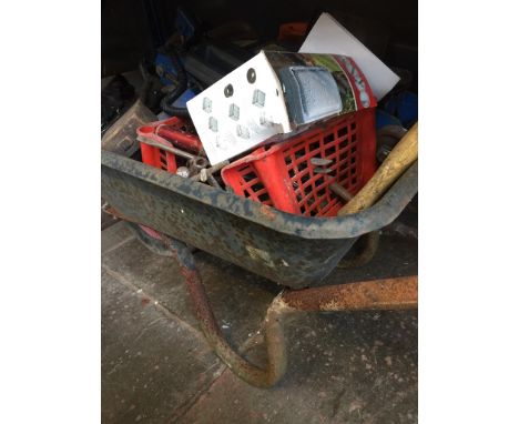 WHEEL BARROW OF GARAGE ITEMS, TOOLS, TROLLEY JACK ETC.