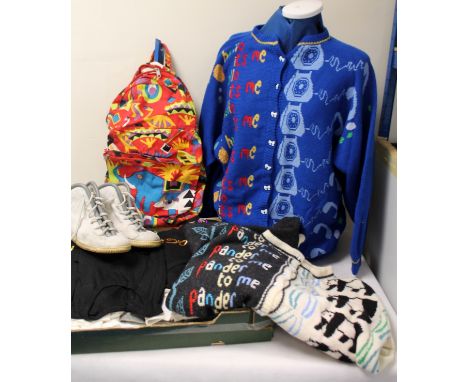 Two "Sally's Woollies" vintage cardigans with pandas and telephone designs, a collection of 1980's/90's t-shirts and a pair o