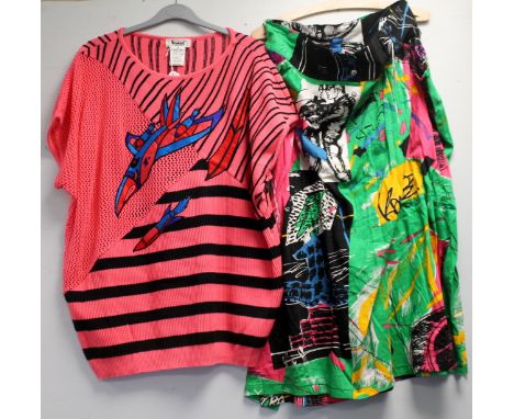 Kansai Yamamoto vintage "Kansai International" pink and black striped short sleeved cotton jersey with embroidered jet plane,