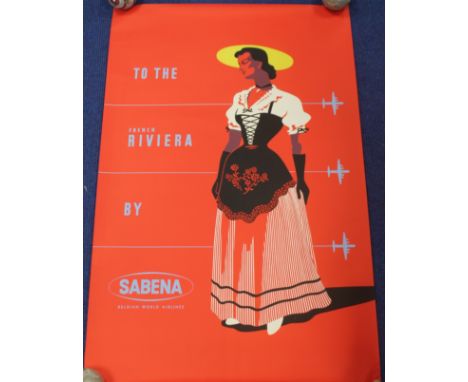 Two vintage Sabena Airlines travel posters for Greece and The French Riviera, each 100cm x 65cm. (2)