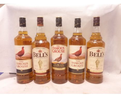 Five bottles of 1 litre Scotch Whisky; three Famous Grouse and two Bell's. (5)