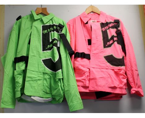 Two Kansai Yamamoto vintage "Kansai International" two piece cotton track suit in fluorescent pink and green, both size M. (2