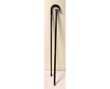Silver topped ebonised walking cane and another walking stick with silver mounts, 91cm and 92cm.