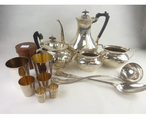 Elkington e.p. four piece tea and coffee set, oval part fluted 1901, and similar soup ladle and gravy spoon and various tumbl