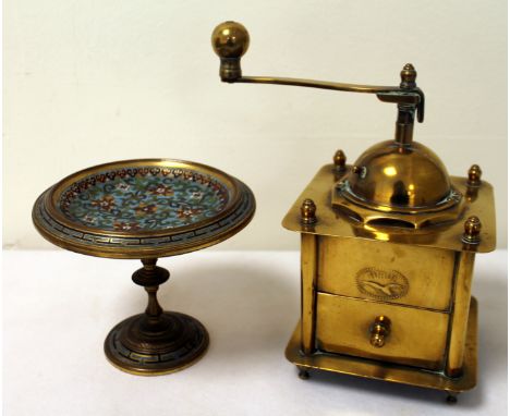 Small Elkington & Co cloisonne tazza with floral decoration, 14cm diameter, also a Turvil brass coffee grinder. (2).  Provena