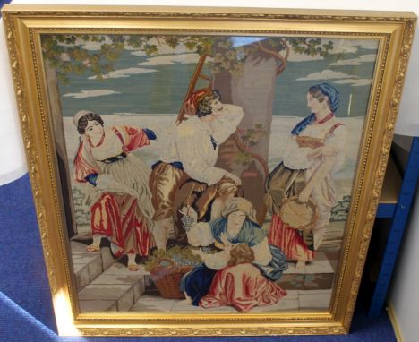 Large petit point tapestry picture depicting grape pickers on a terrace, 78cm x 67cm.  Provenance Rita Tushinghan