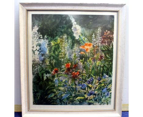 Colour print of flowers in a garden after an original by Lotte Gundhart. Signed in pencil. 58cm x 51cm.  Provenance Rita Tush