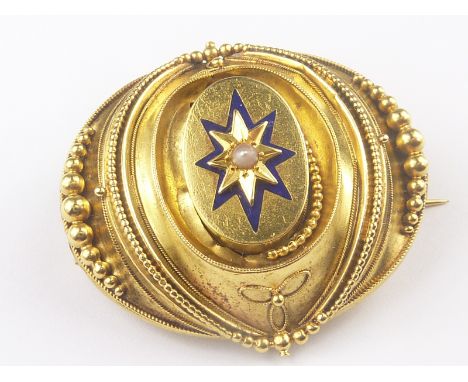 Victorian gold oval brooch with pearl and enamel star, cased. Condition Report. 11g gross.