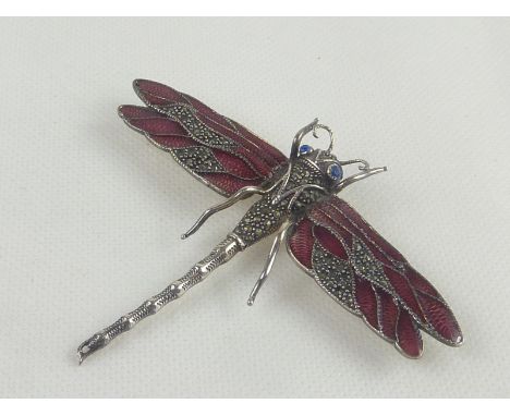 Silver and enamel brooch modelled as a dragonfly.