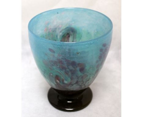 Monart Art Glass vase of flared form on circular foot, blue, green and black mottled ground with gold inclusions, ground base