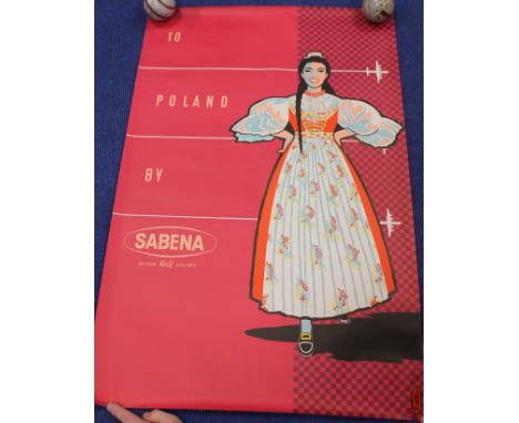 Two vintage Sabena Airlines travel posters for Poland and Holland, each 100cm x 65cm, and also two other Sabena posters with 