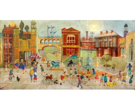 1950'S CARLISLE COLLEGE OF ART STUDENT. *ARRCappriccio Italian Town Square.Oil on hardboard.92cm x 175cm.This is one of five 