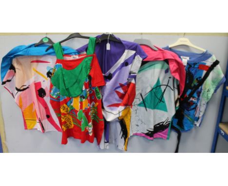 Five Kansai Yamamoto vintage "Kansai International" cotton tops, all with vibrant abstract prints, some with studs and clips,