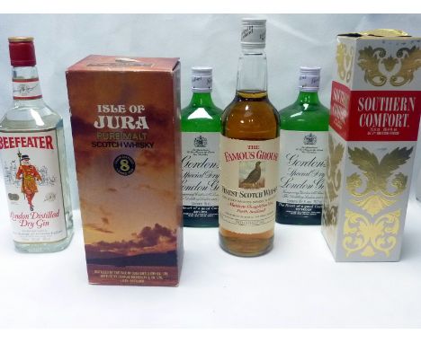 Isle of Jura Pure Malt 8 year Scotch Whisky, boxed, 75cl, also four bottles of Gin, a bottle of Southern Comfort and a bottle