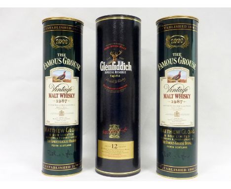 Two bottles of "The Famous Grouse" 1987 Vintage Malt Whisky, 12 years, 70cl together with a Glenfiddich Special Reserve Singl