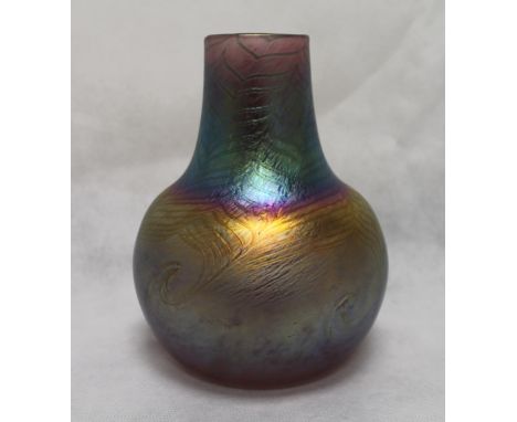 Canadian Sookum Art Glass iridescent baluster vase with feathered decoration, signed, 20cm high.  Provenance Rita Tushingham