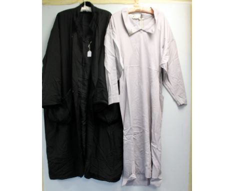 Vintage Thiroko Koshino, Paris, pale grey worsted wool dress, size 4; also an oversized padded black cotton coat. (2)  Proven