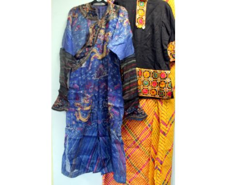 Vintage Chinese embroidered blue cotton scrim robe decorated with dragons, an embroidered black cotton tunic and a printed sa