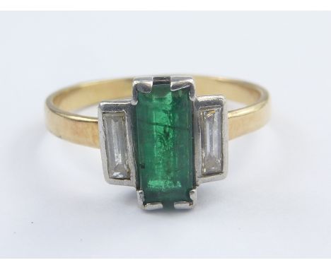 Art Deco emerald and baguette diamond three stone ring, size N½.